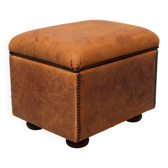 Pouf ou ottoman en cuir de mouton avec rangement années 1970