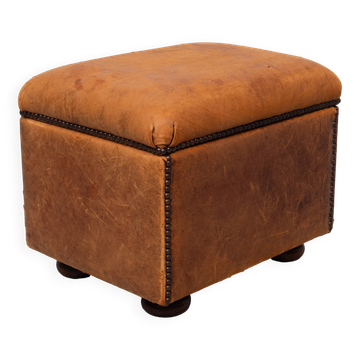 Sheepskin Leather pouf or Ottoman with storage 1970s