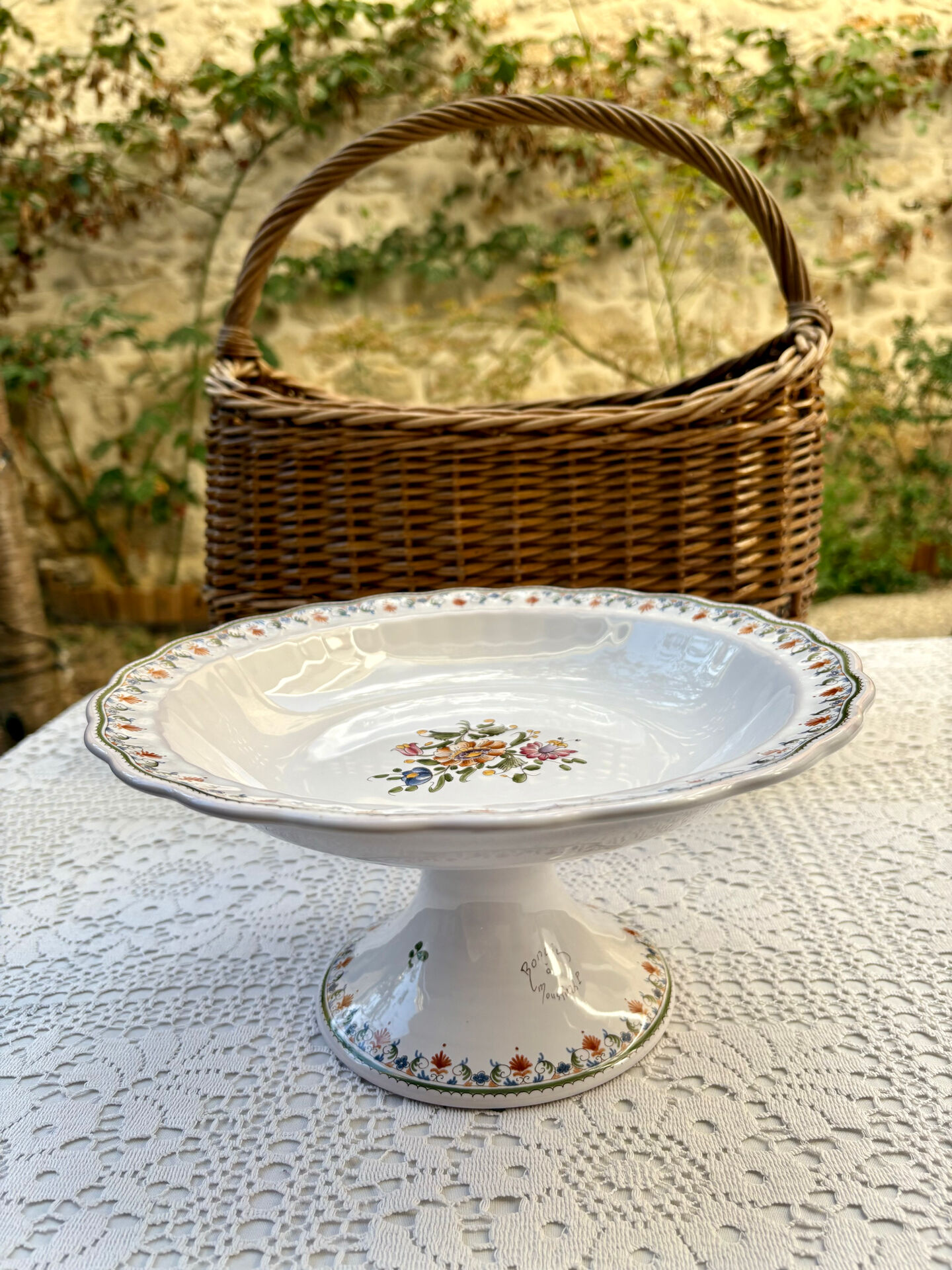 Footed compote signed Atelier Bondil faience from Moustiers