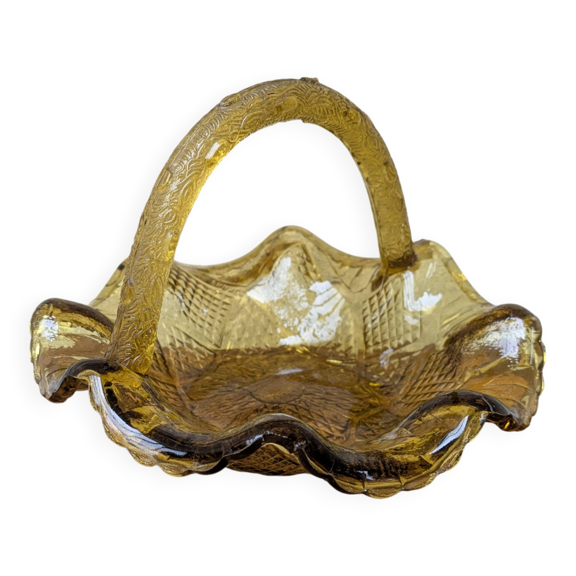 Small amber yellow glass pocket basket Portieux France