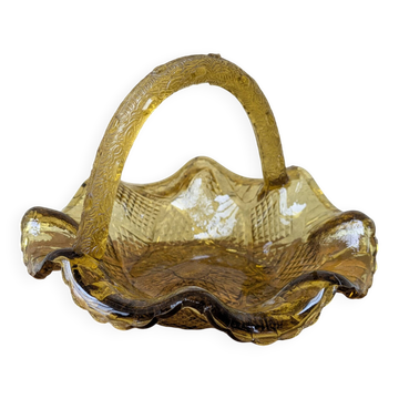 Petit panier vide poche en verre jaune ambré Portieux France