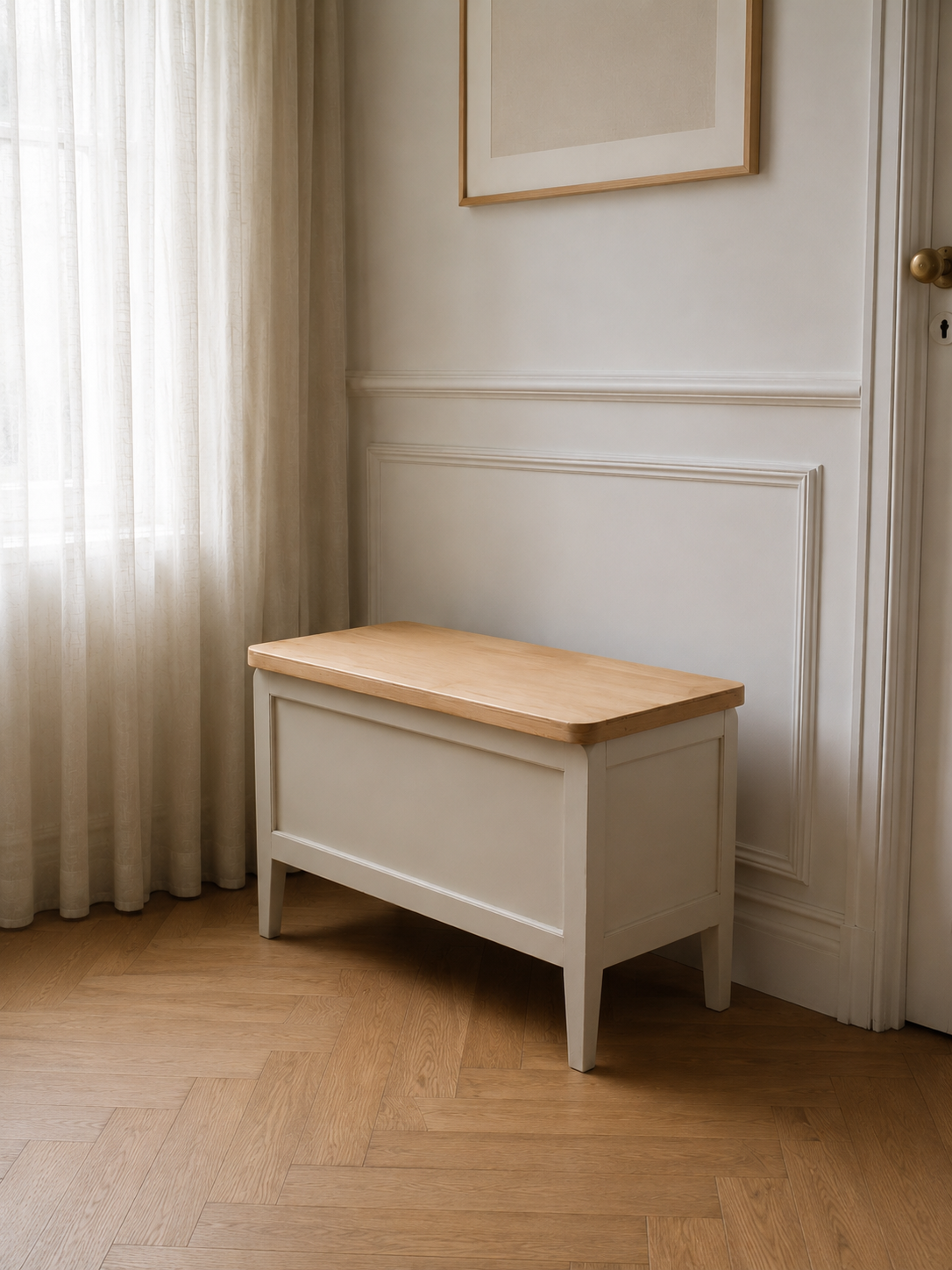 Re-enchanted vintage toy chest in beige, wooden tray.