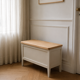 Re-enchanted vintage toy chest in beige, wooden tray.