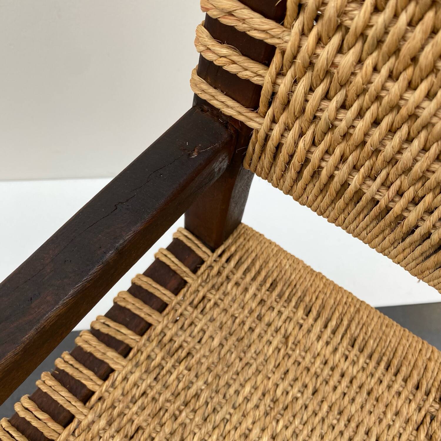 Brutalist armchair in wood and rope