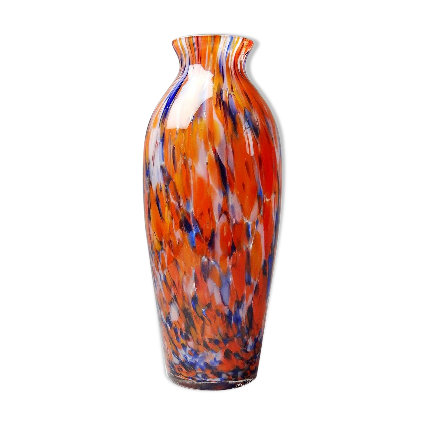 Small antique art deco cobalt orange speckled glass paste vase