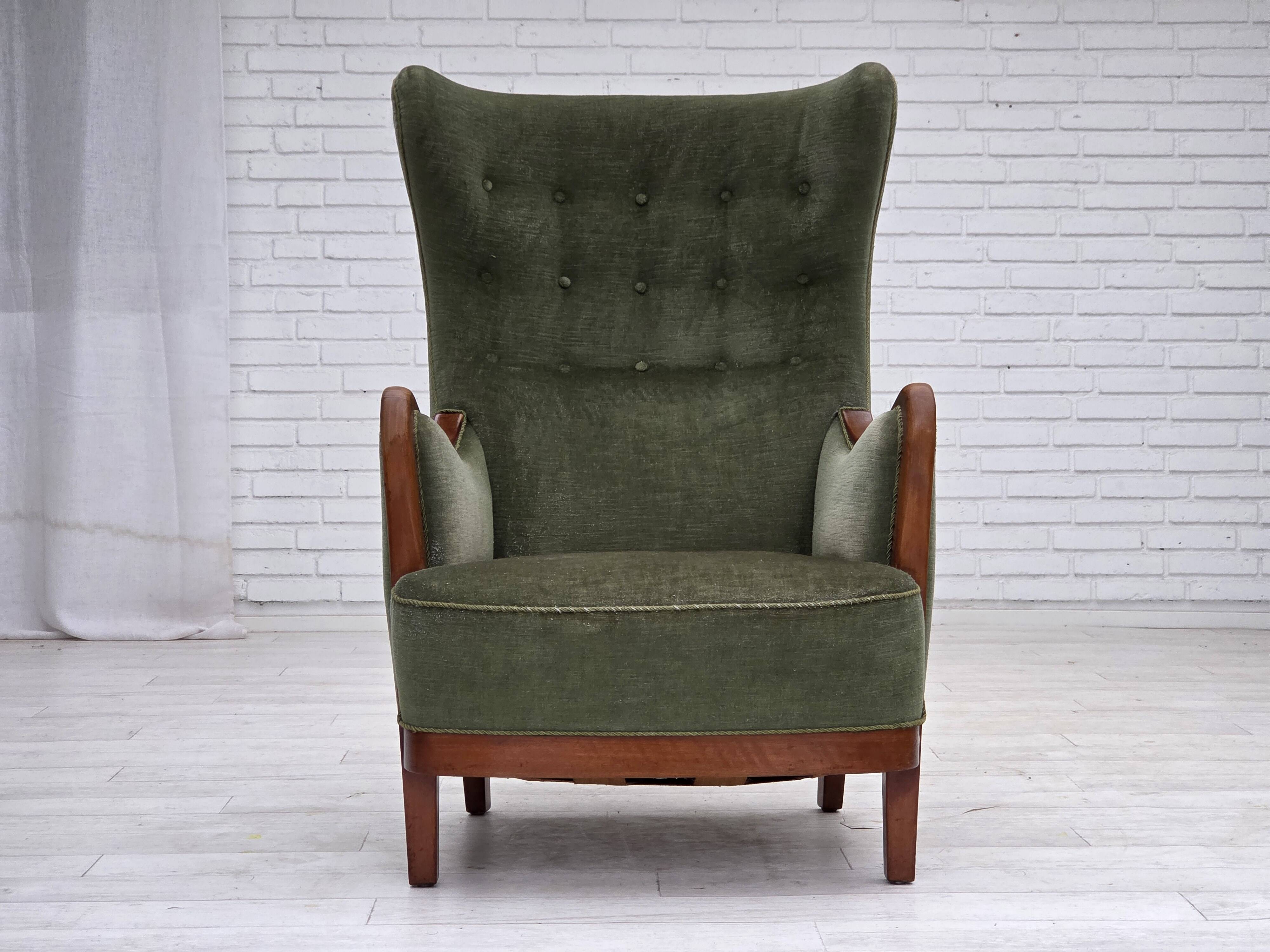 1960s, Danish highback armchair, green furniture velour, teak wood.
