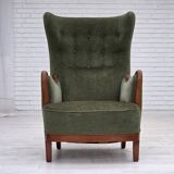1960s, Danish highback armchair, green furniture velour, teak wood.