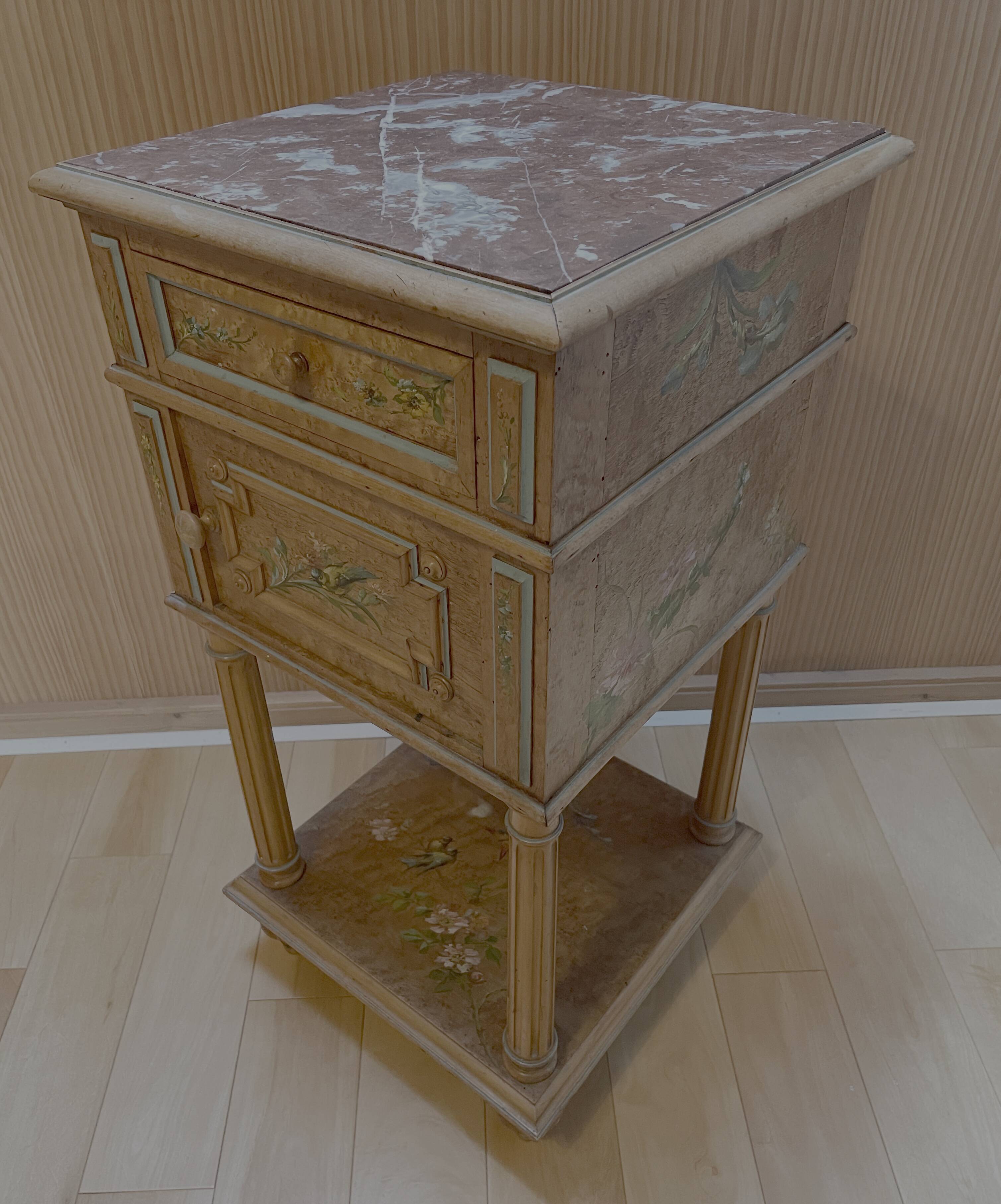 Late 19th century bedside table in painted maple burl, marble top