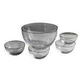 Ensemble vintage de bols en verre des années 1970, saladier avec 4 petits bols, verre texturé incurvé avec liseré doré, décoration de table rétro, idée cadeau élégante