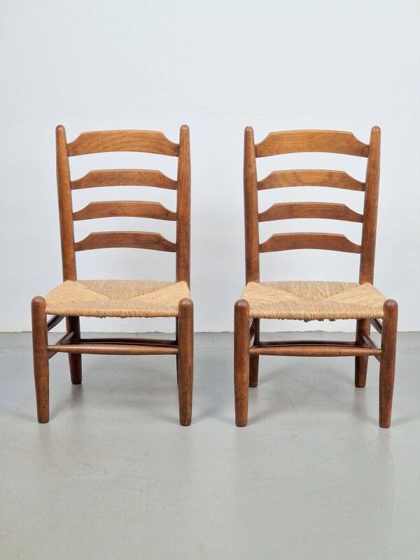 Ensemble de chaises en bois et en osier de style brutaliste inspiré par Charlotte Perriand, années 1960, ensemble de 2.