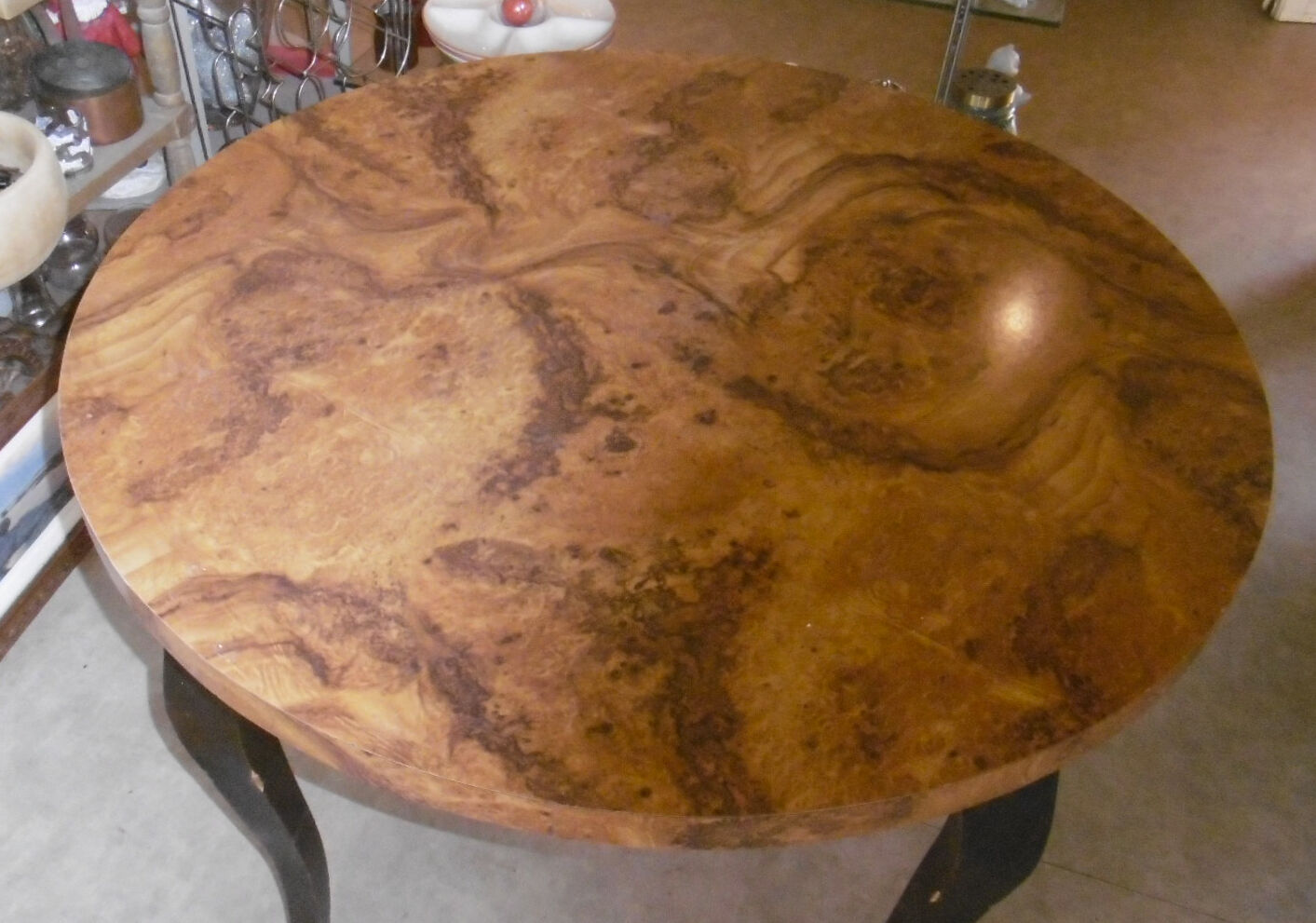Round table art deco style - elm magnifying glass top and black wooden legs