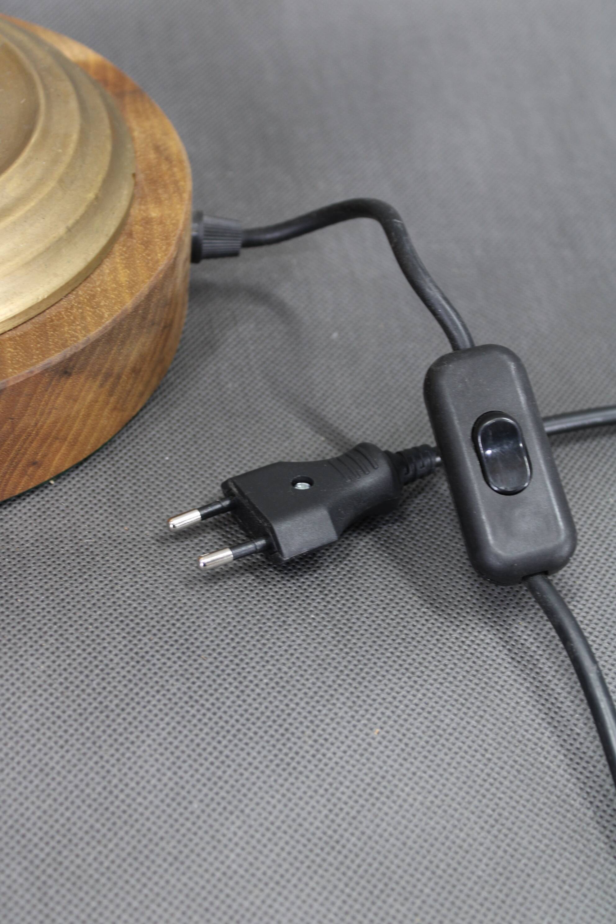 1940s Restored Brass Table Lamp with Wooden Base and Glass Shade