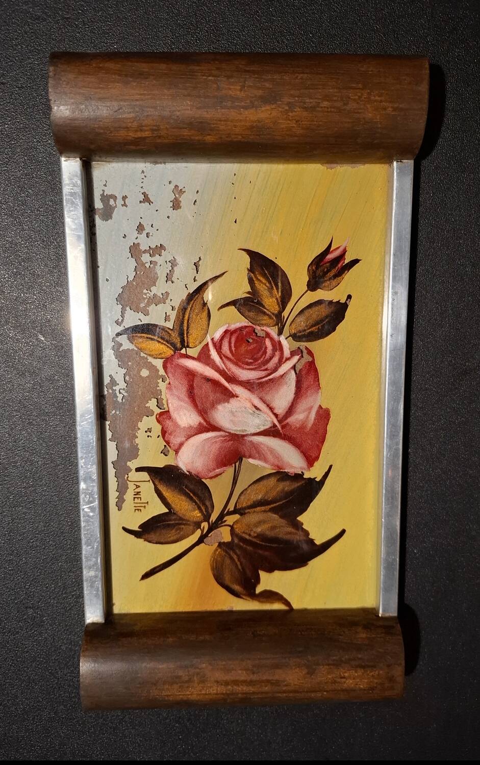 Plateau Art Déco peinture sur verre et bois