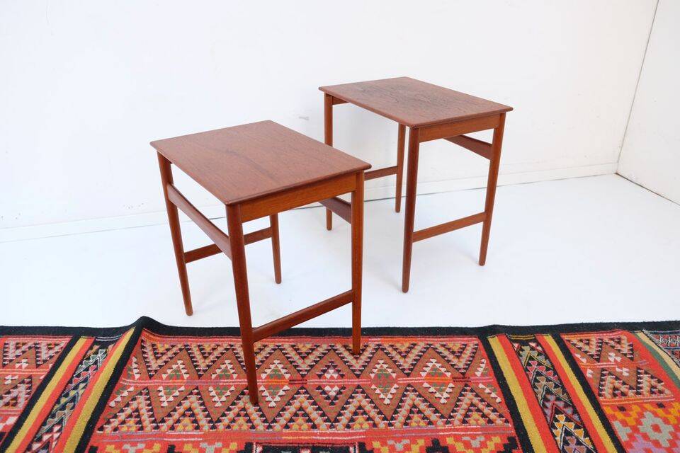 Mid-century side tables and nesting tables, in Wegner Tuck teak, Danish style.
