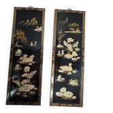 Paire de panneaux muraux asiatiques vintage en laque noire et nacre