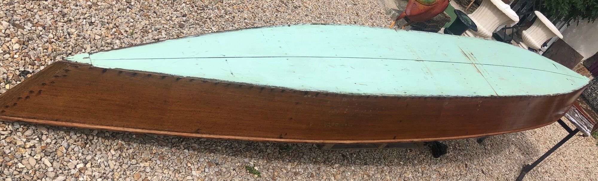 Old flat-bottomed mahogany canoe "Lake Enghien" 1930s/40s