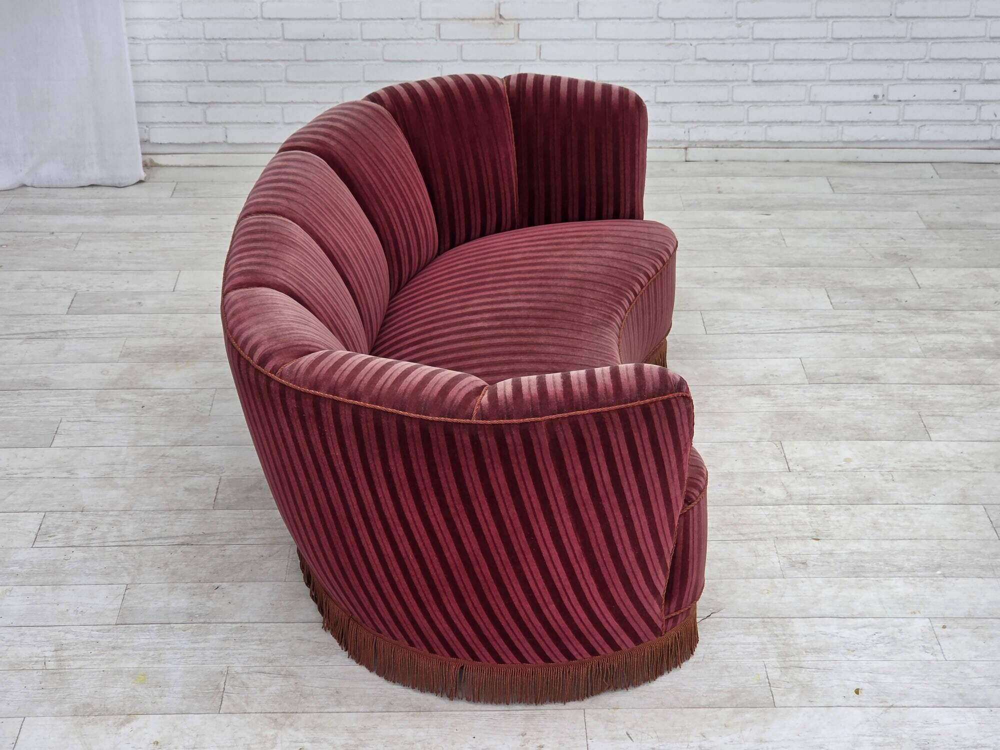 1960s, Danish 2-seater "Banan" sofa, furniture velour, oak wood.