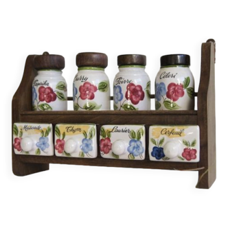 Spice shelf with 4 jars and 4 porcelain boxes made in France