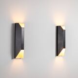 Architectural pair of vintage black metal wall lamps with angular geometric