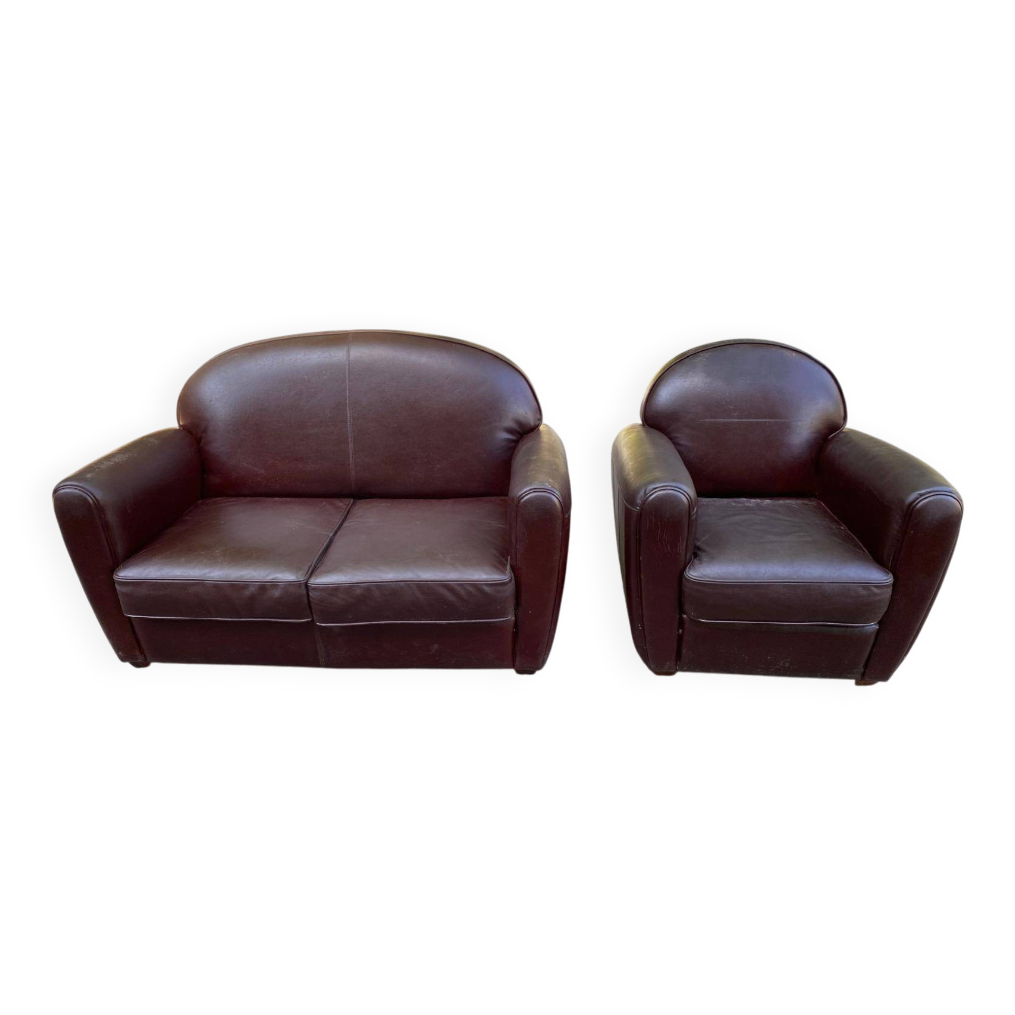 Burgundy brown leather living room sofa and club chair