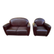 Burgundy brown leather living room sofa and club chair