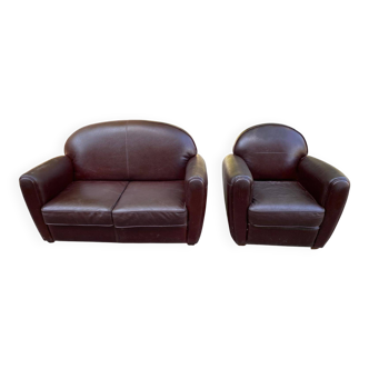Canapé et fauteuil club de salon en cuir marron bordeaux