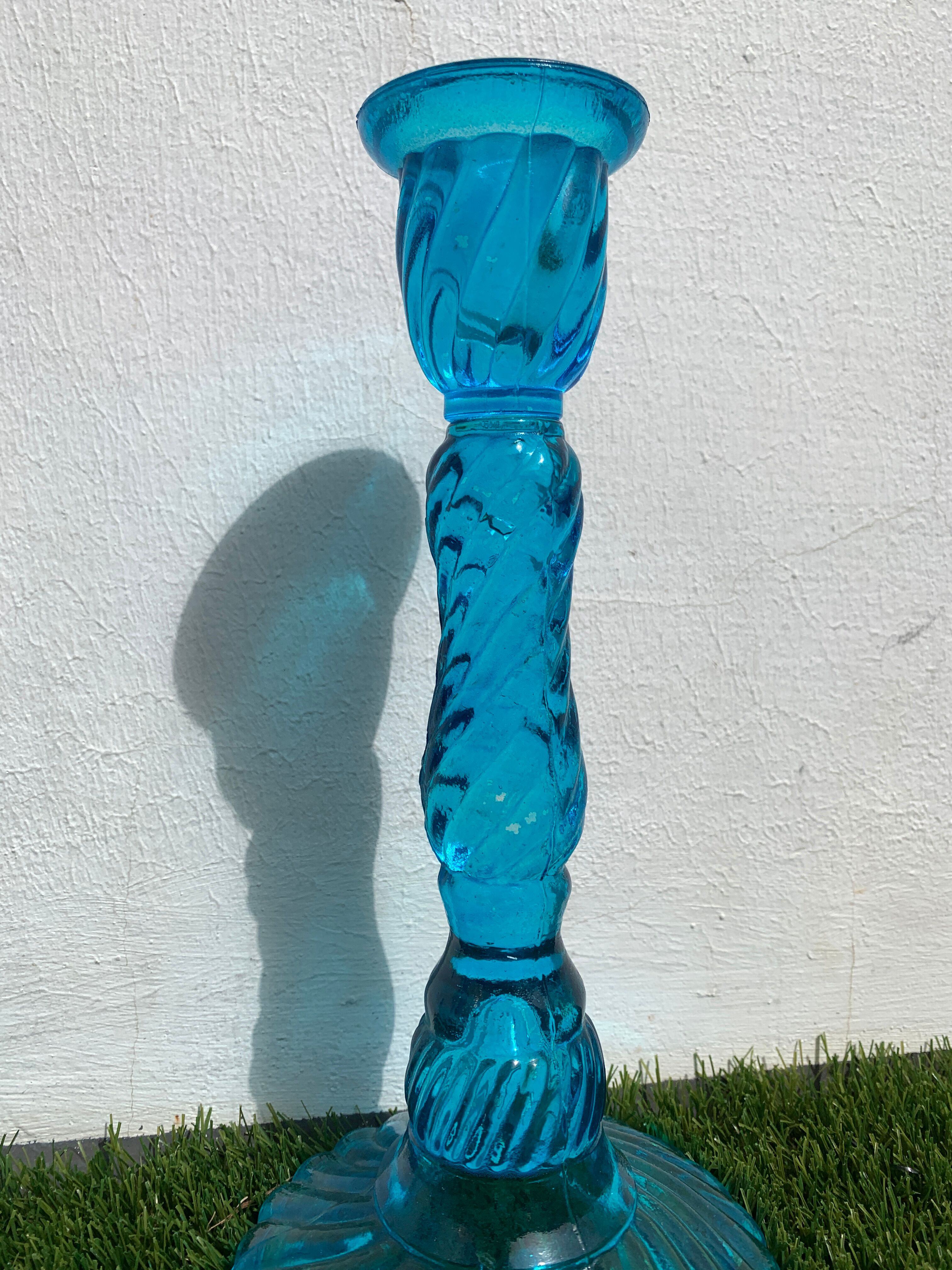 Pair of molded pressed blue glass candle holders