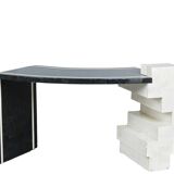 Unique Writing Desk with Black and White Stone Veneer and Brass Inlays