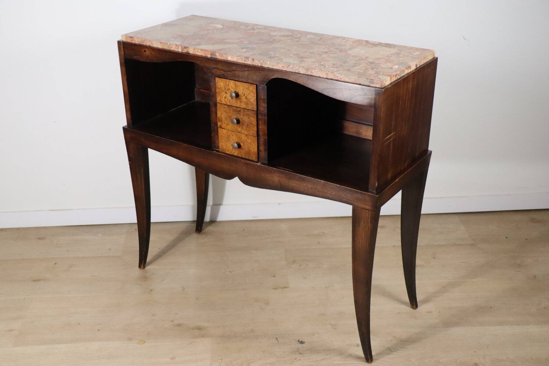 Vintage wooden and marble console table – classic style curved legs, 1950s