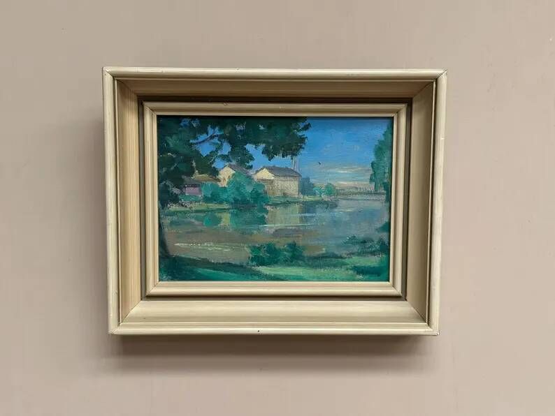 Original Oil on Canvas – “House near The Lake” by Fern I. Coppedge – Signed – Vintage & Framed – 30 × 24 cm (11.8" × 9.4")