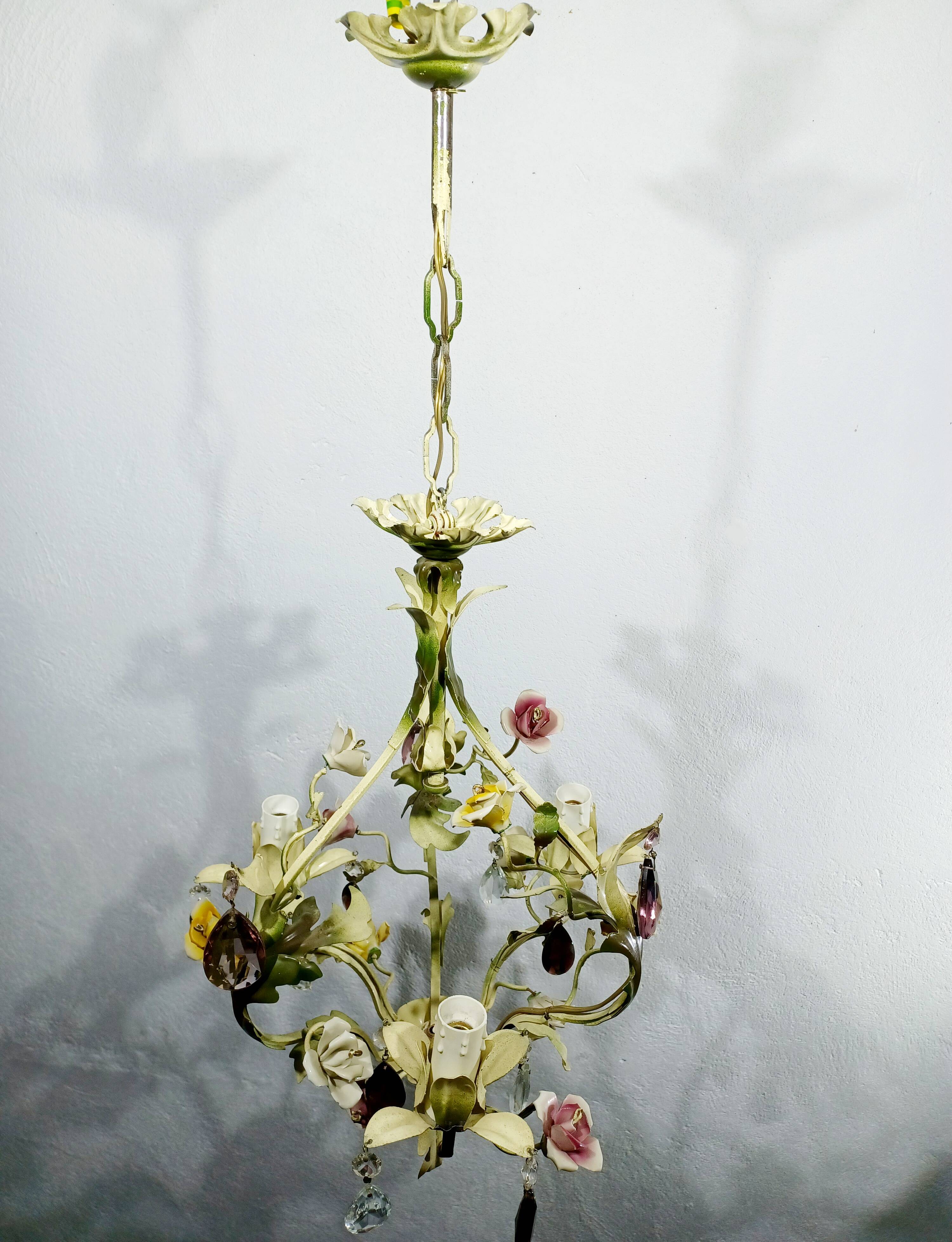 Wrought iron and porcelain chandelier