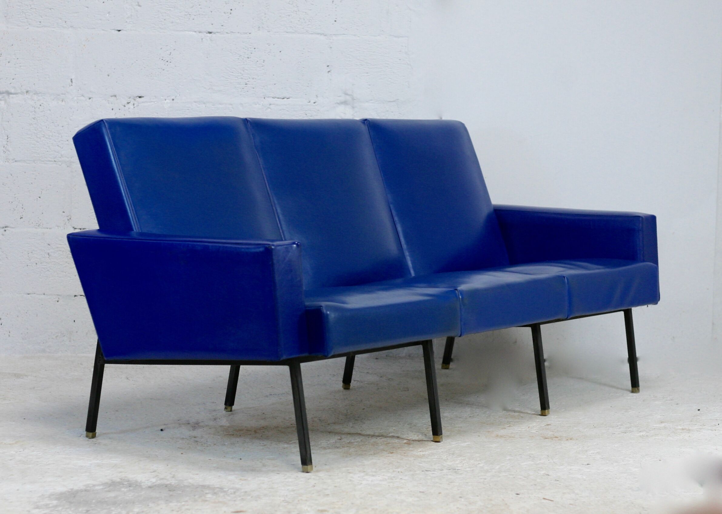 Sofa imitation leather blue and steel, 3 seats, France, circa 1960