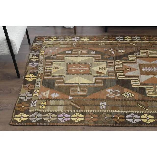1970s Vintage Turkish Hand-Knotted Wool Cotton Brown Runner Rug 150x390