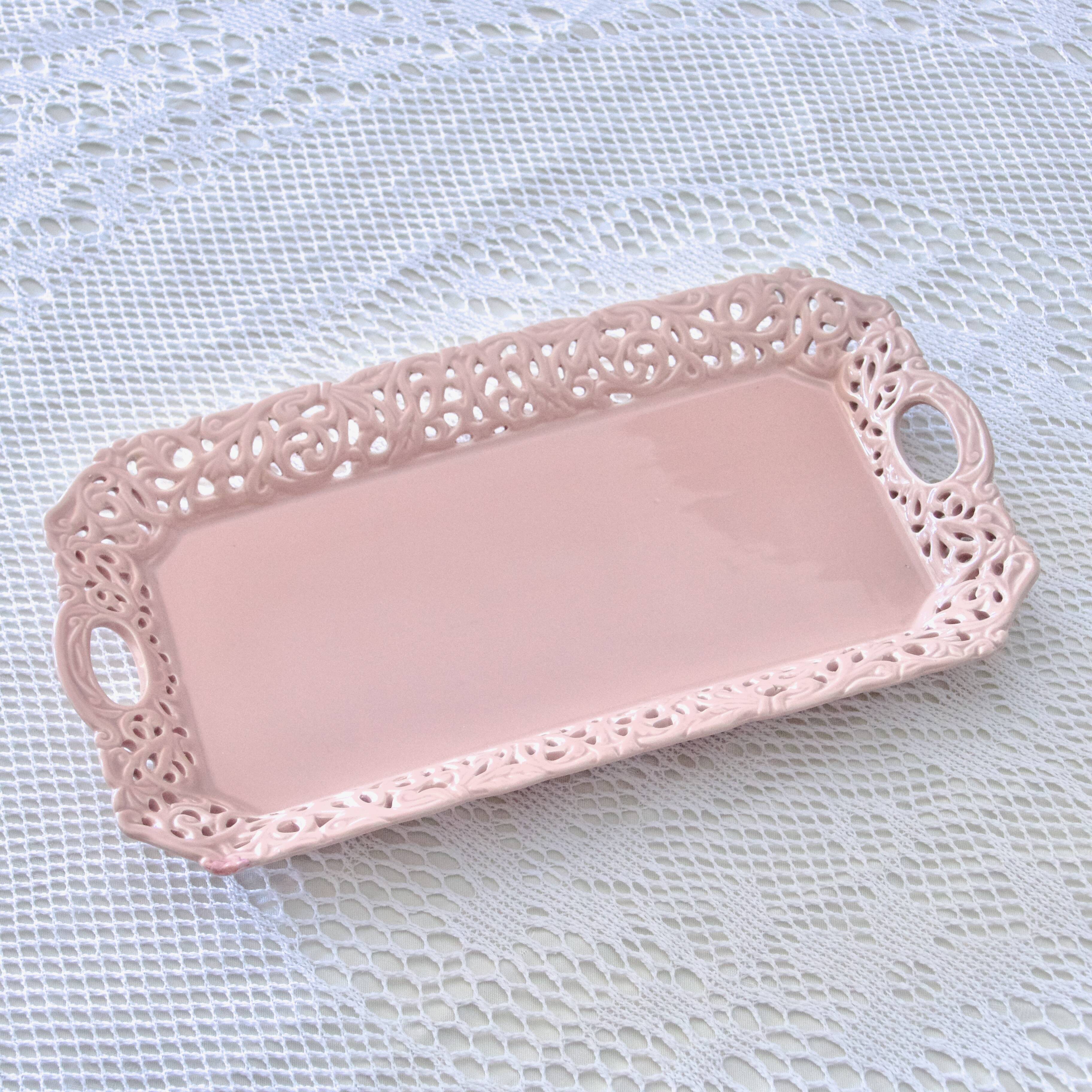 Antique openwork earthenware cake dish with pink lace