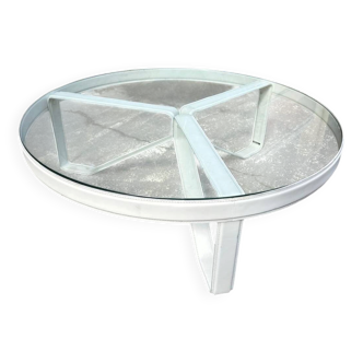 Table basse ronde armature métal/cuir plateau verre Roche bobois