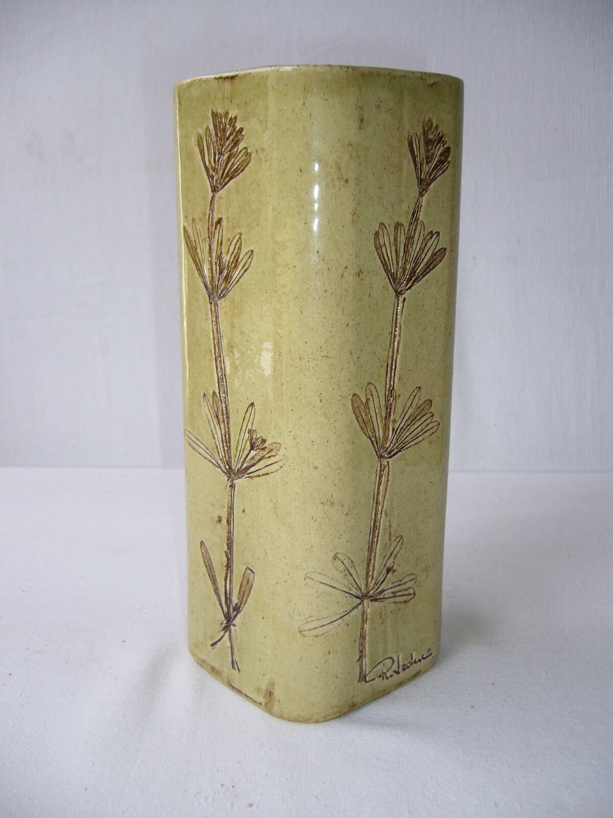 Ceramic square vase decorated with herbarium by Raymonde Leduc
