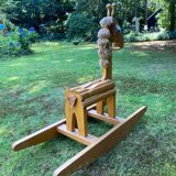Vintage leather and pinewood rocking horse, giraffe, ca. 1970s