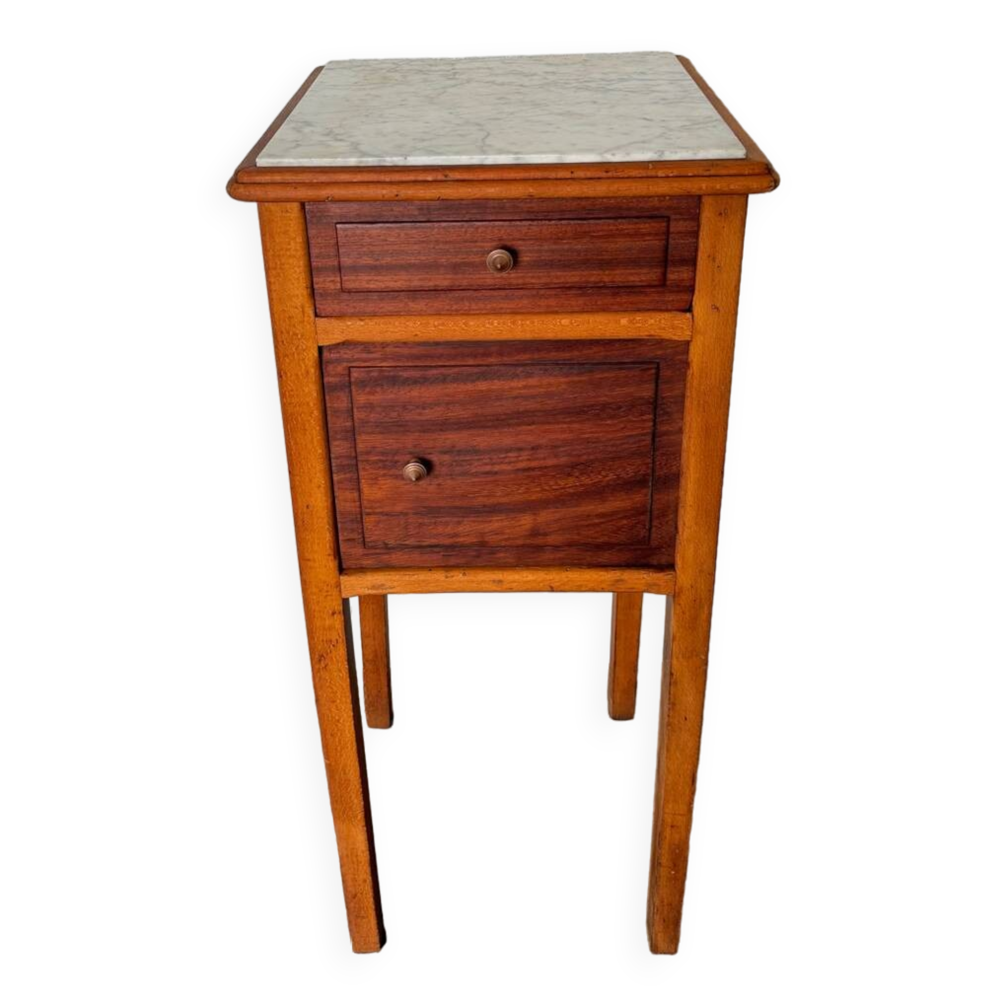 Table de chevet vintage en bois avec plateau en marbre.