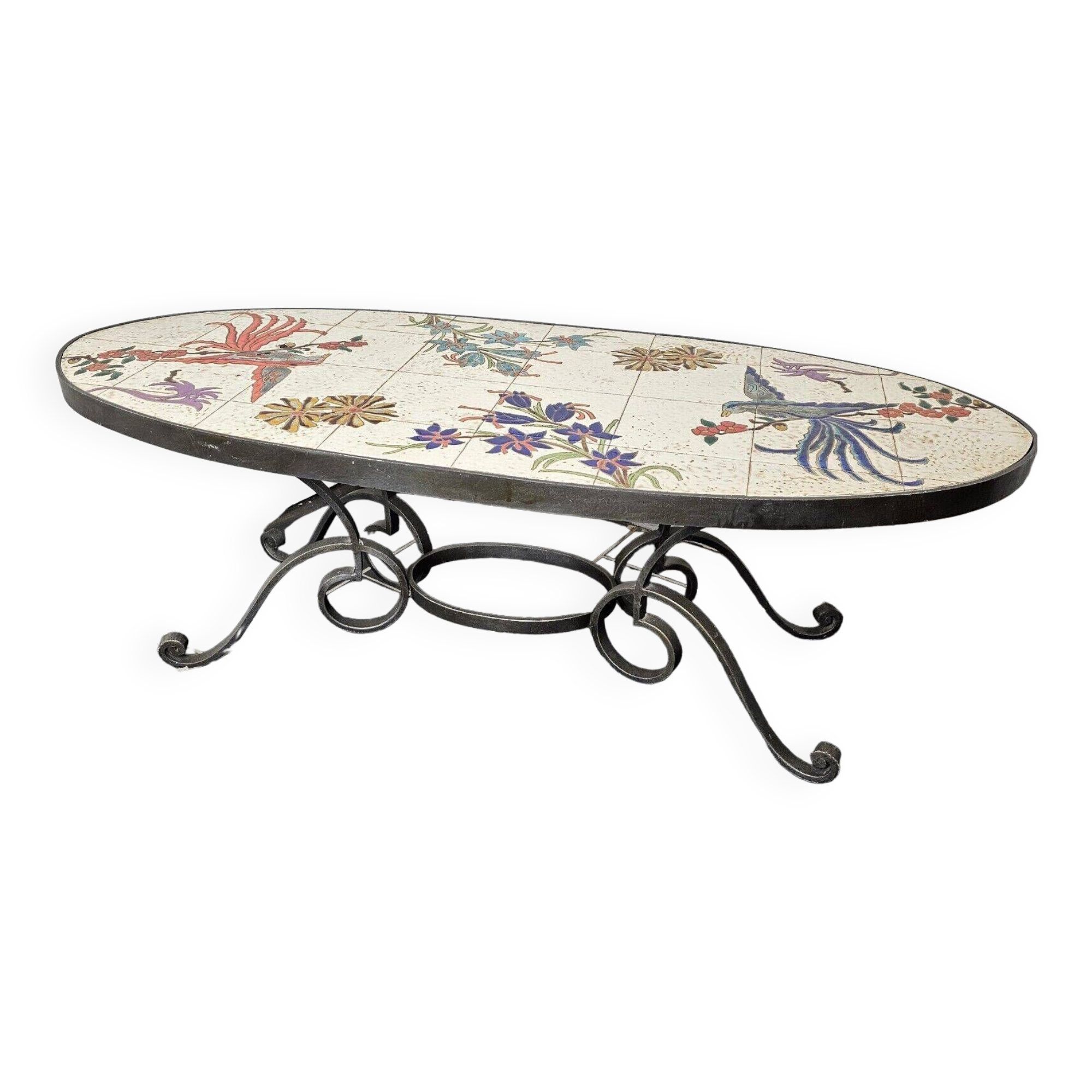 oval coffee table from the 60s, ceramic tray with decoration of flowers and birds