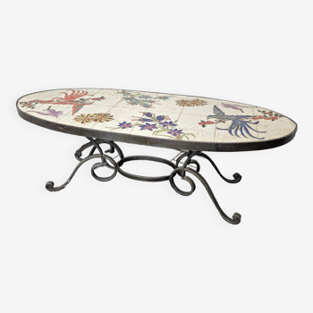 oval coffee table from the 60s, ceramic tray with decoration of flowers and birds