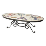oval coffee table from the 60s, ceramic tray with decoration of flowers and birds