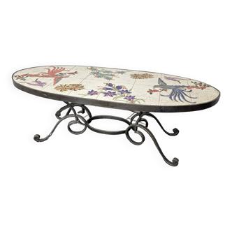 oval coffee table from the 60s, ceramic tray with decoration of flowers and birds