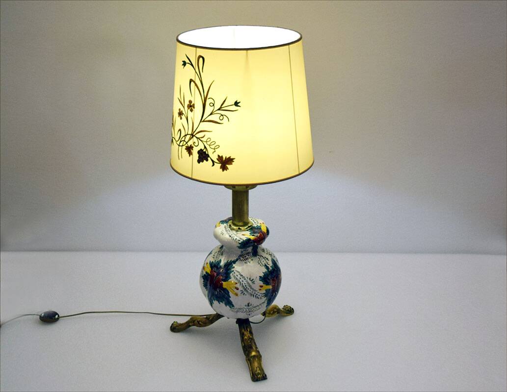 Grande lampe vintage en céramique (97 cm) à décor floral, années 1950