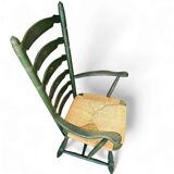 Vintage transparent green wooden arm chair / rush seat / high back ladder chair