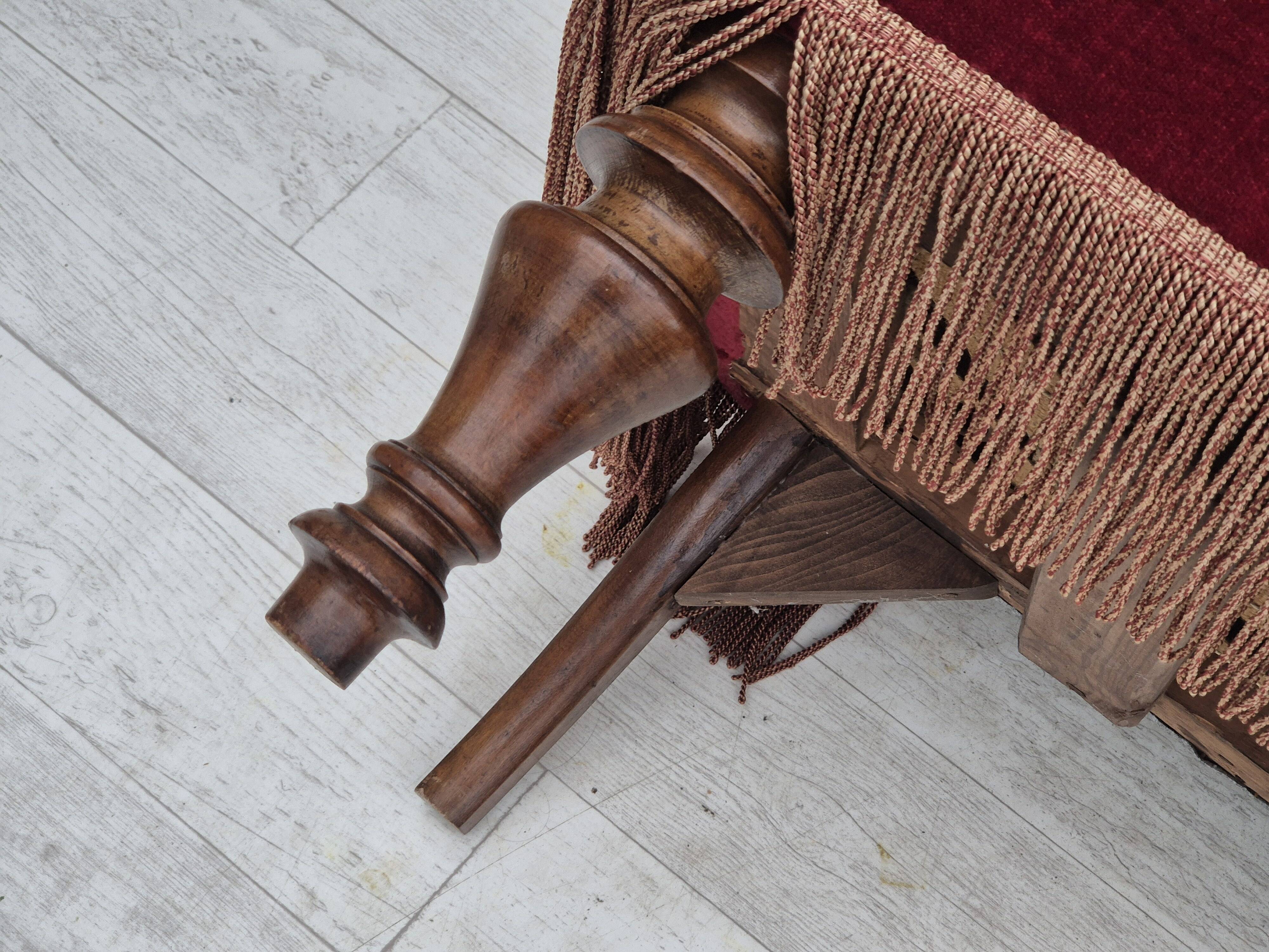 1950s, Danish 2-seater sofa, cherry-red furniture velour, ash wood.