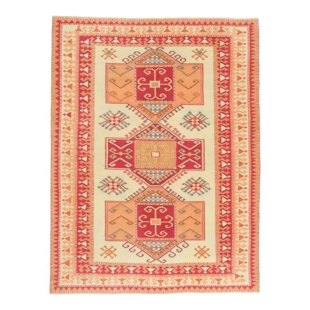 1970s Vintage Turkish Oushak Handmade Wool Cotton Cream Area Rug 172x231