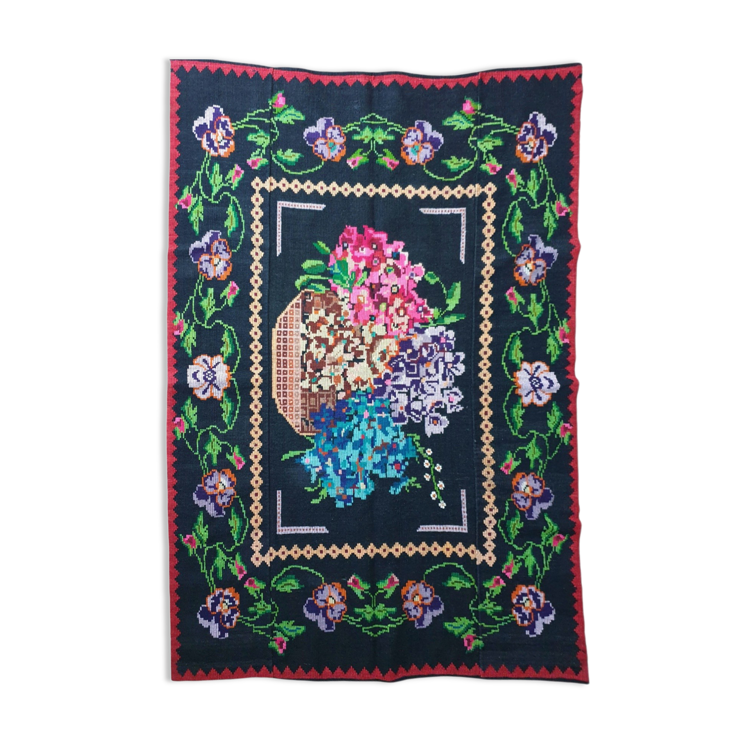 Vintage wool rug with floral design in sweet colors