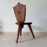 Brutalist tripod chair in carved wood 19th century