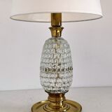 Italian mid-century table lamp with brass and creased murano glass