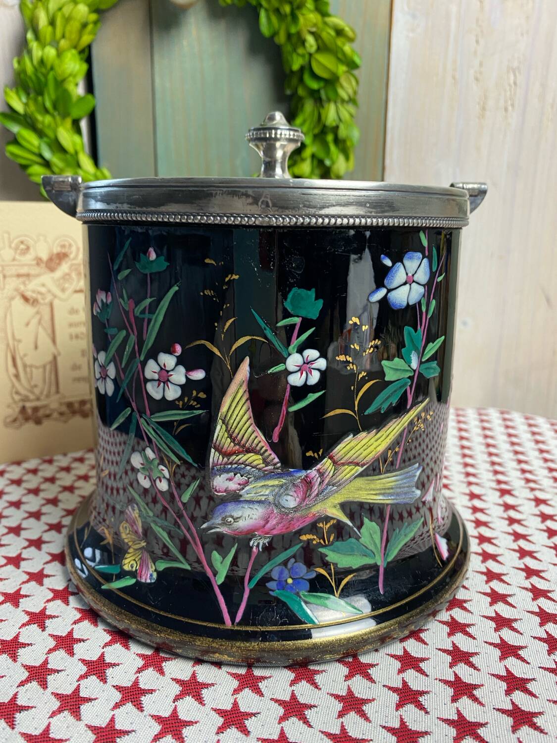 English porcelain and silver-plated metal cake tin